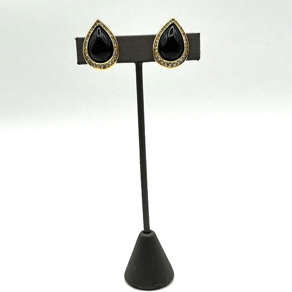 Vintage CHRISTIAN DIOR Pave Crystal Black Cabochon Clip On Earrings Gold Tone - Picture 5 of 9